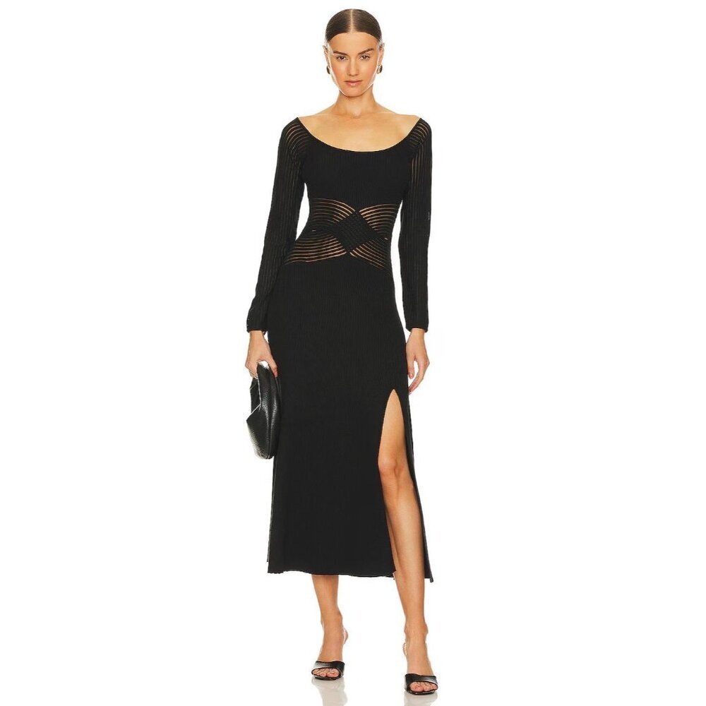 SOVERE Tilt Knit Dress in Black XSmall Womens Midi Sweater Cut out